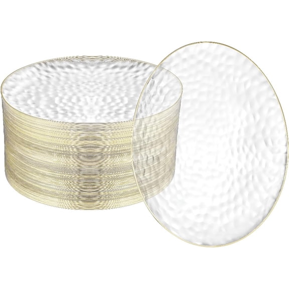 100 Pack 7 Inch Clear Plastic Plates - Hammered Gold Rimmed Sturdy, Durable And Extra Heavy duty Gold Plastic Dessert, Appetizer Plates Disposable For All Occasions