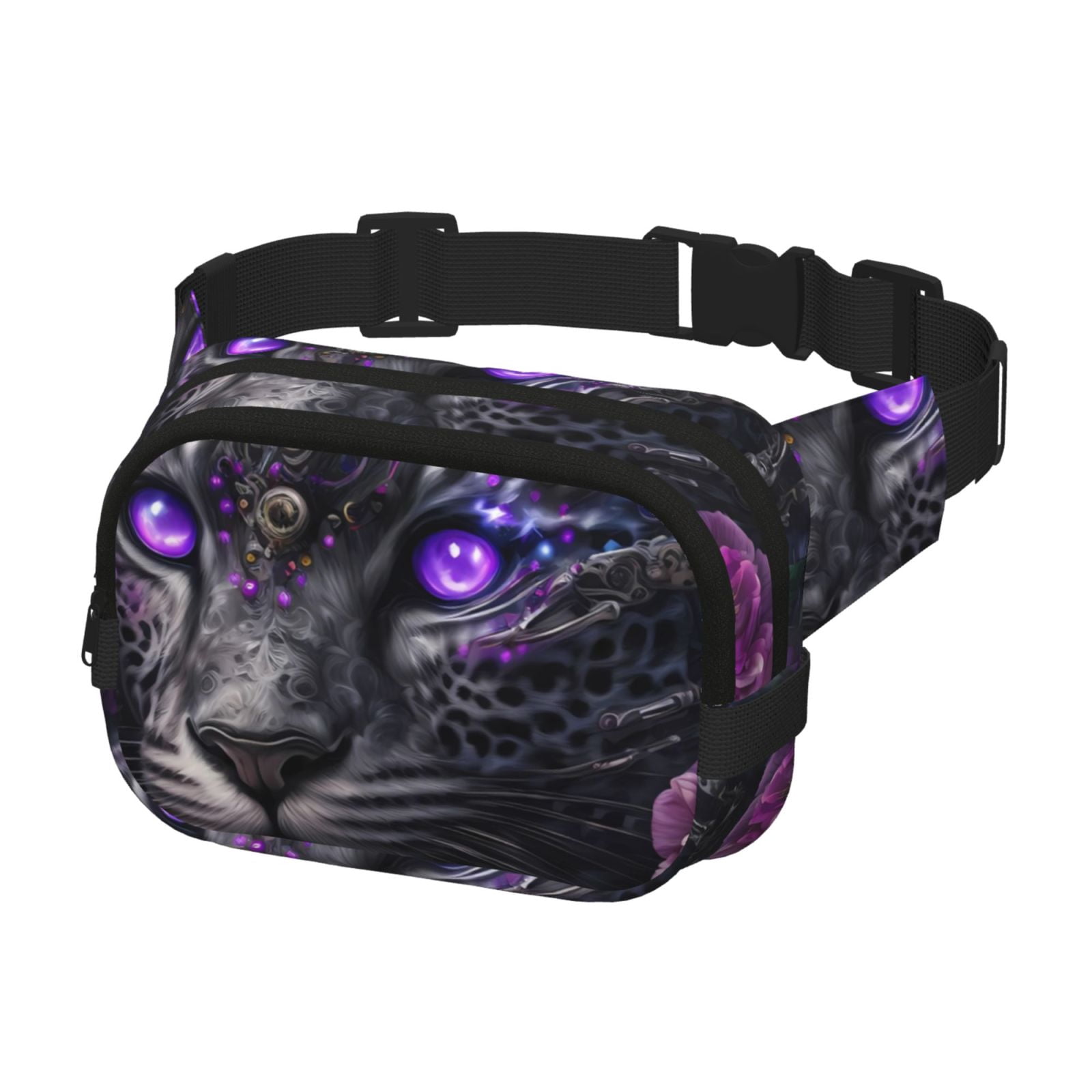 Fuzoiu Purple-Eyed Floral Leopard Print Unisex Square Double Layer Waist Bag,Crossbody Fanny Pack Travel Workout Accessory