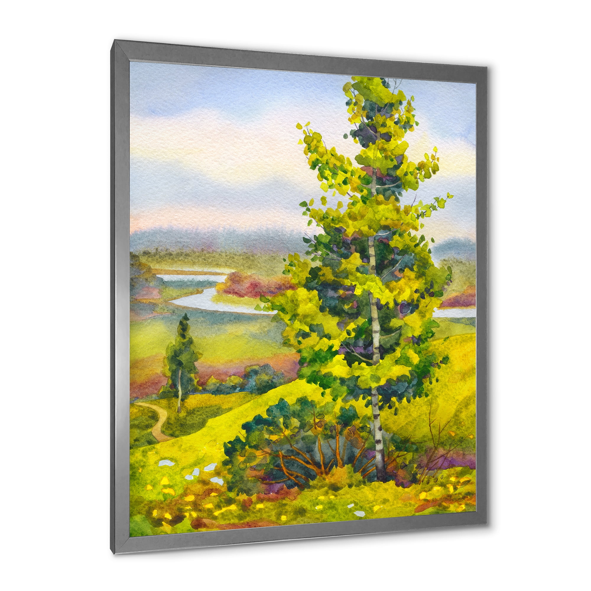 Designart 'Colorful Young Orange Betulas Along Bank Of Calm Bay' Lake House Framed Art Print