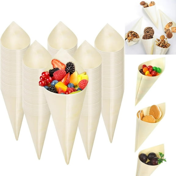 Tutuviw 60Pcs 7 Inch Disposable Wooden Food Cones,Wood Tasting Cones,Disposable Ice Cream Holder Pinewood Food Cones for Charcuterie/Catered Events/Party or Buffets Supplies