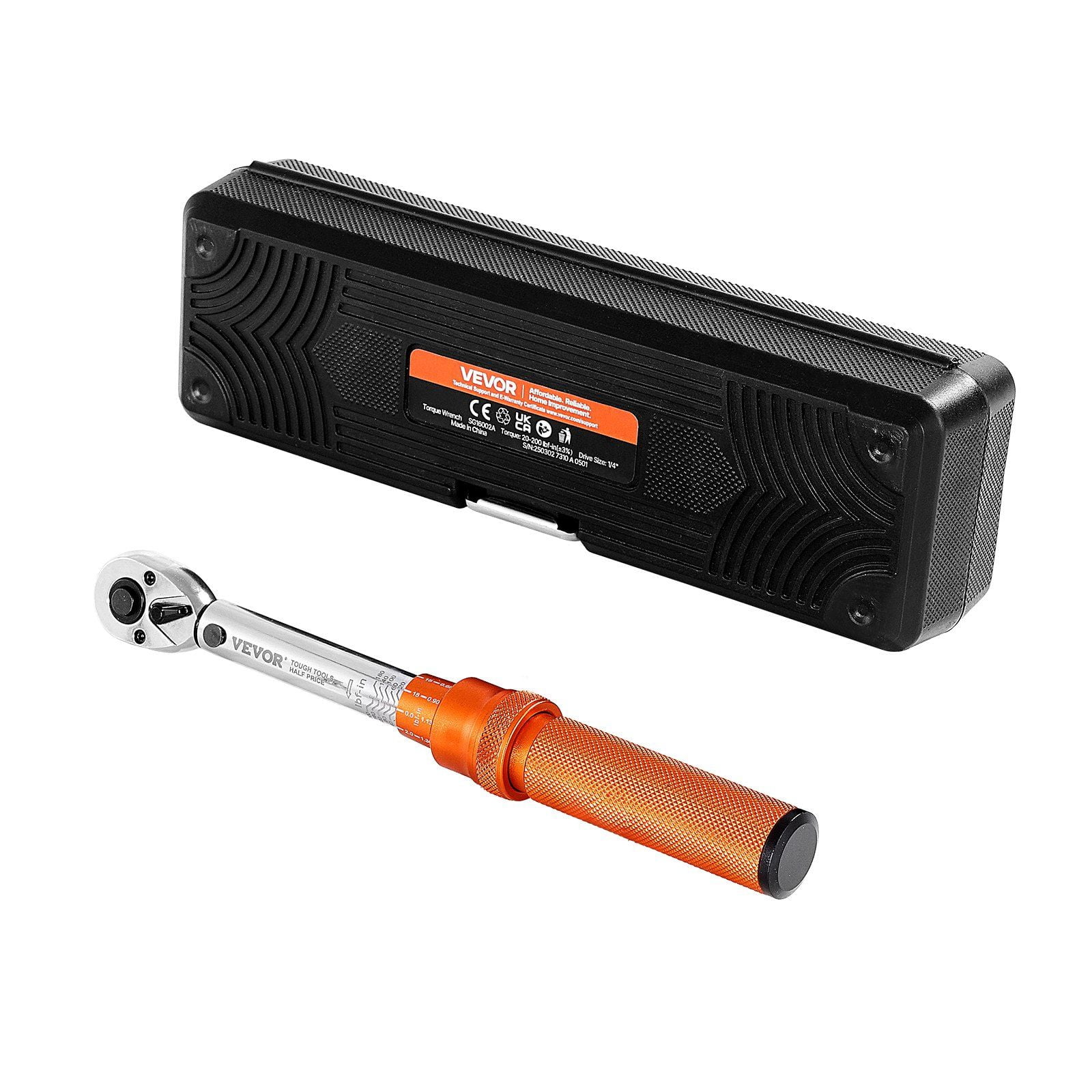 Precision Click Torque Wrench 1/4 Inch Drive 20-200 Inch Pounds 2.3-22.6 Newton Meters 72-Tooth Orange Handle
