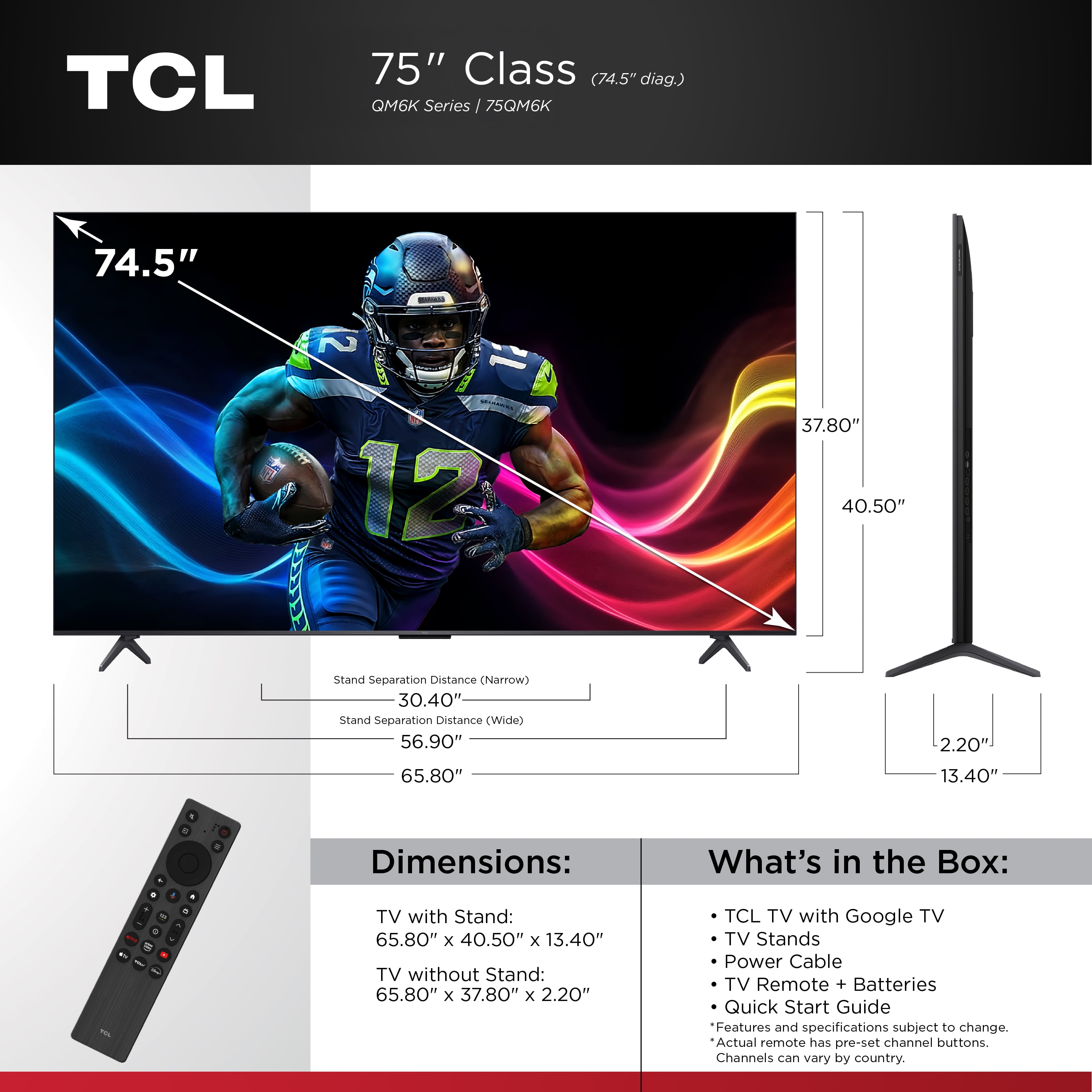 TCL 75" Class QM6K Series QD-Mini LED QLED 4K UHD HDR Smart Google TV (NEW 2025) - 144Hz, Dolby Atmos Onkyo Audio, Halo Control System - 75QM6K