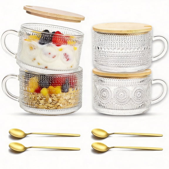 Glass Coffee Mugs Set of 4, 14oz Clear Glass Cups with Lids and Golden Spoons, Vintage Glass Oatmeal Bowls, Embossed Breakfast Cups for Milk, Yogurt, Cereal, Tea