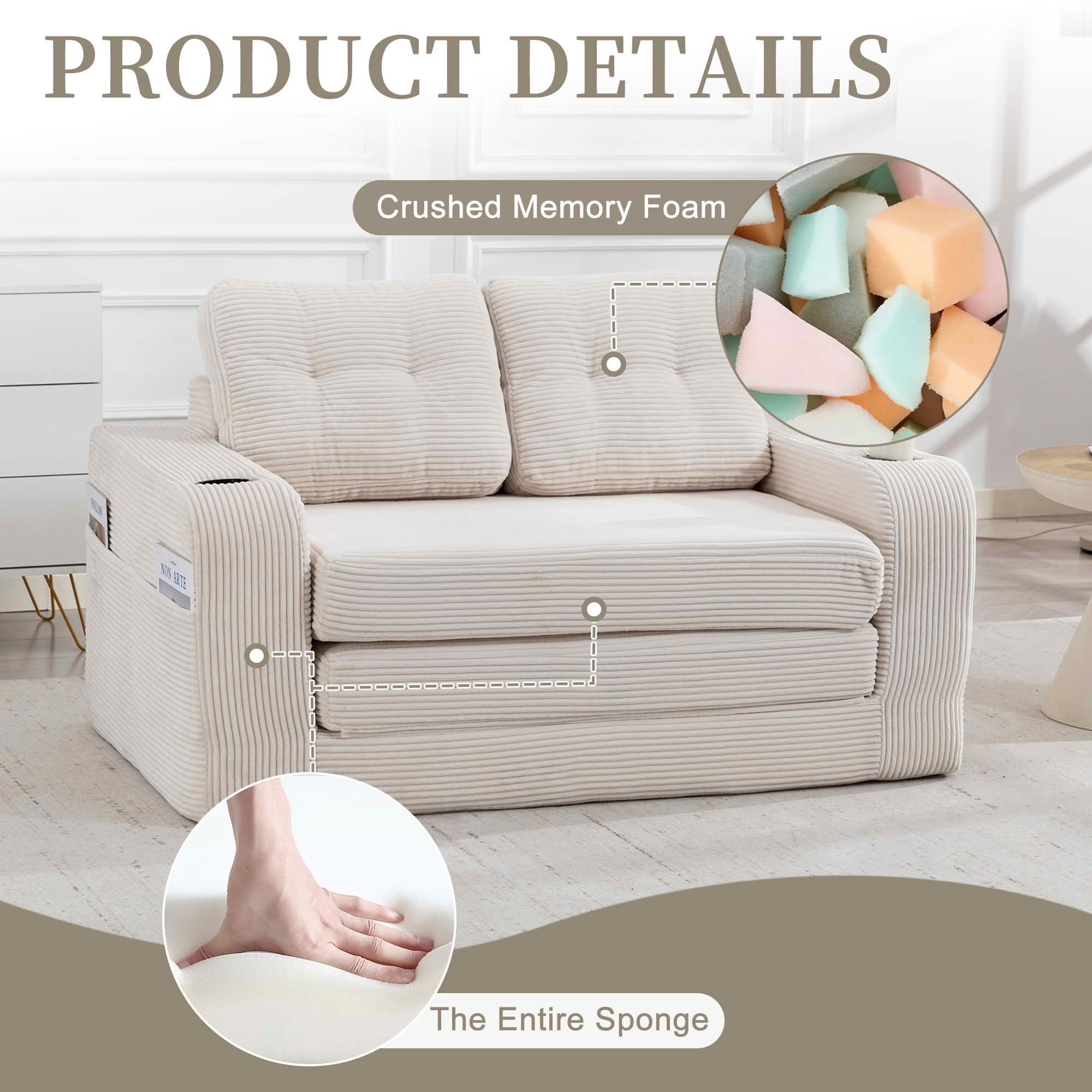 MAYEERTY 2-in-1 Convertible Expandable Sofa Bed, Fold Out Corduroy Floor Couch with Pillows, Side Pockets & Cup Holders for Bedroom Small Living Room