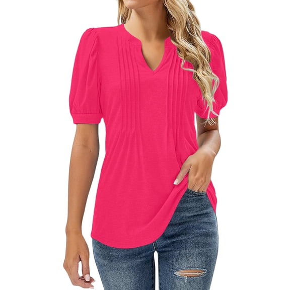 T Shirts For Women Womens Tops V Neck Tops Puff Short Sleeve T Shirt Pleated Floral Printed Tunic Blouse Shirts