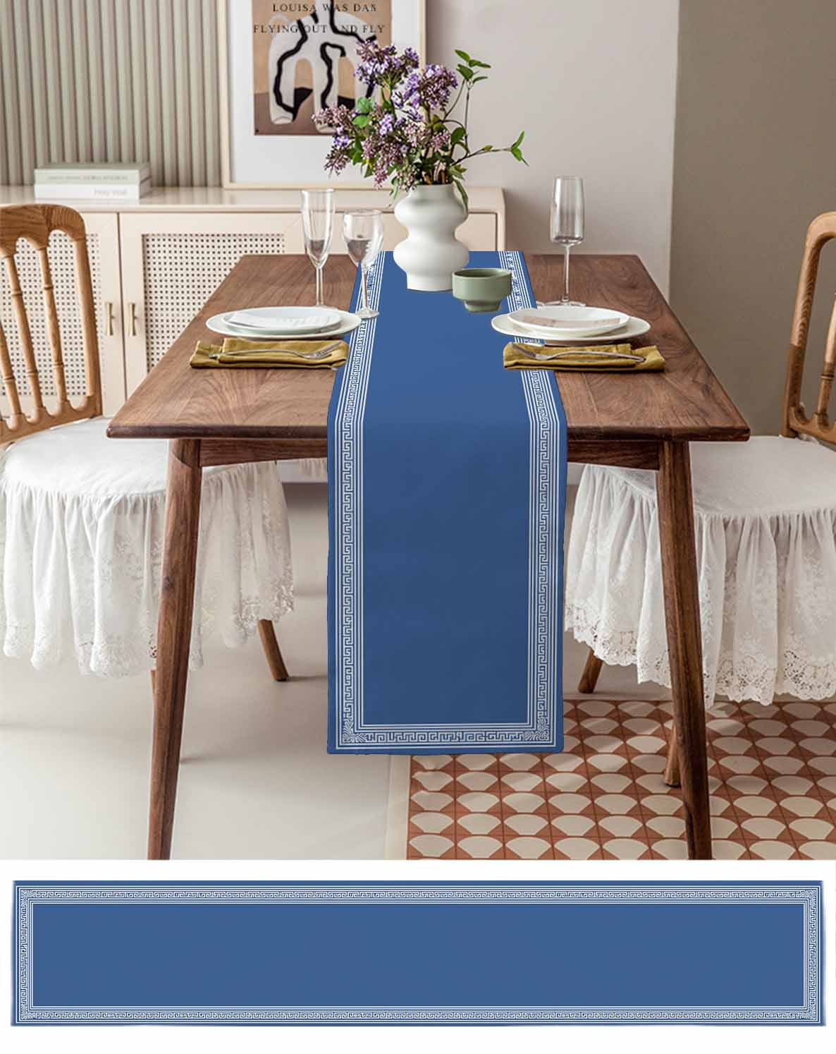 Table Runner 120 Inches Long for Kitchen Dining, Blue Geometric Dresser Scarf Farmhouse, Dining Table Decorations for Wedding/Parties, White Greek Key Design Abstract Modern Art 13 x 120 In