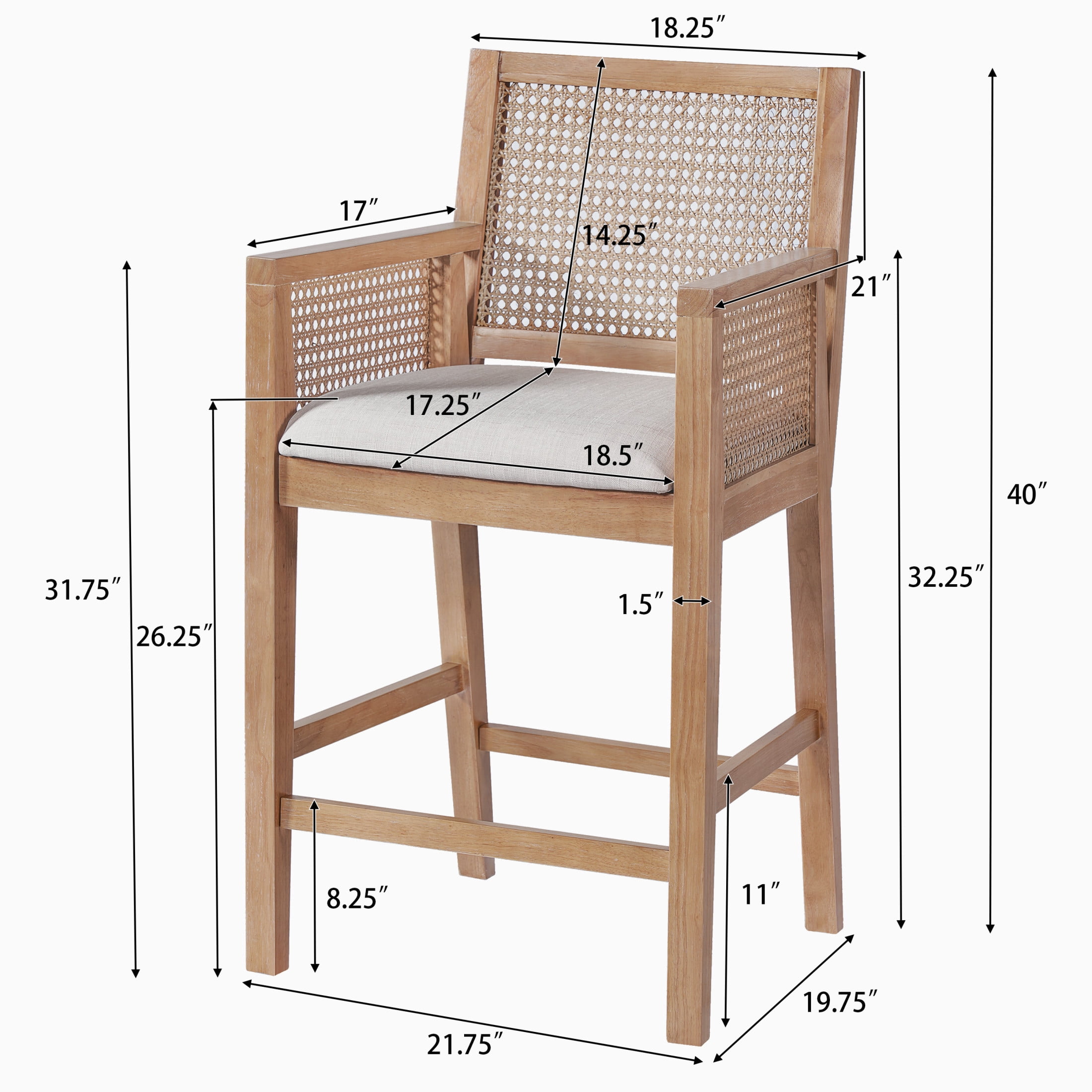 Christopher Knight Home Natural Rattan & Solid Wood Counter Stools, 26" Seat Height, Gray Cushions, Set of 2