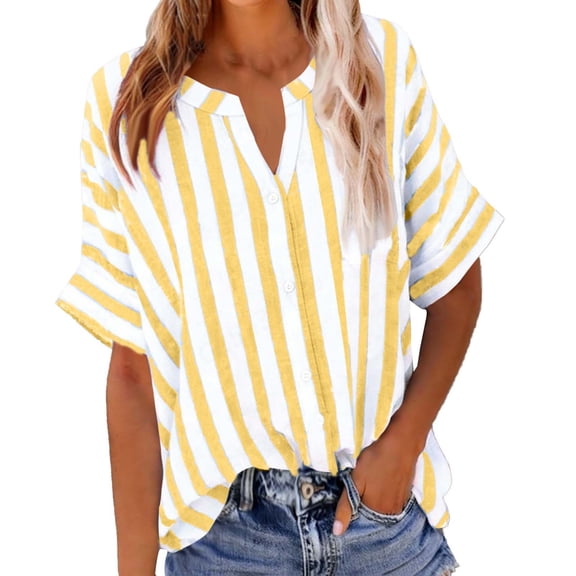 BUIGTTKLOP Women Striped Summer Tops Short Sleeve V Neck Blouses Tops Loose Going out Tops Comfy Basic Trendy Shirts