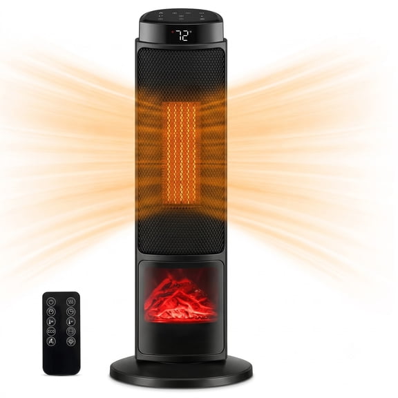 ALPULON 24 Inch 1500W PTC Ceramic Tower Space Heater with 7-Color Flame Effect, Remote Control, 70 Degree Oscillation, ECO Mode and Tip-Over Protection for, Black