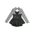 thumbnail image 4 of TiaoBug Kids Girls Checkerboard Sequin Long Sleeve Leotard Racing Driver Costume Halloween Fancy Dress-up Black 14, 4 of 7