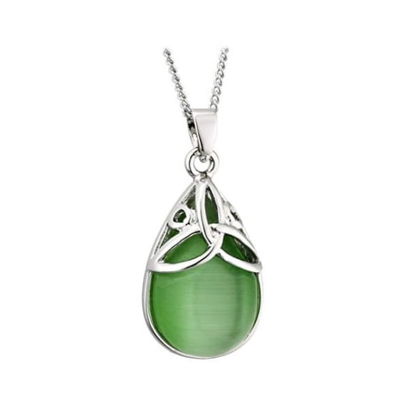 Solvar Women's Elegant Irish Necklace Rhodium Plated Oval Cat Eye Gemstone Celtic Style Trinity Knot Pendant