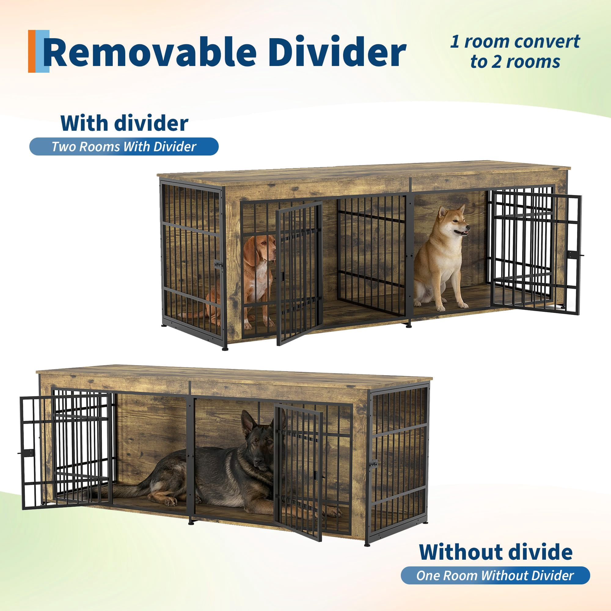Heavy Duty Extra Large Wooden Dog House Furniture – 4 Doors & Divider – Decorative End Table TV Stand, Indoor Kennel for Large/Medium Dogs – Rustic Tiger Wood, 2m