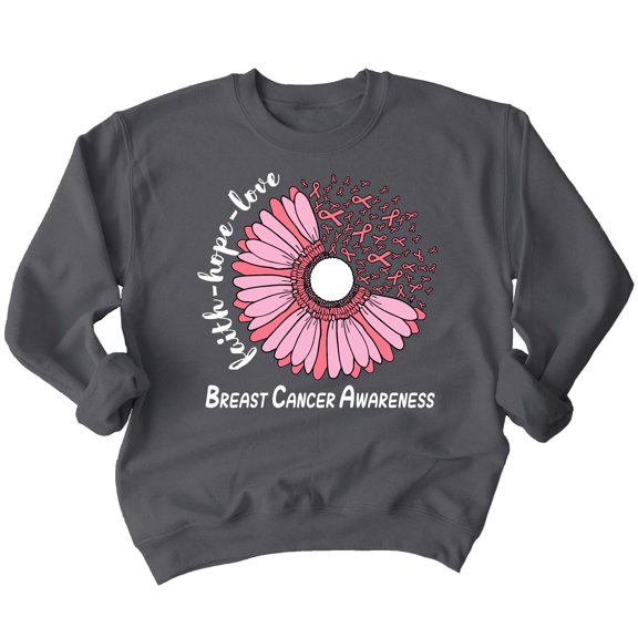 Breast Cancer Support Faith Hope Love Sunflower Daisy Crewneck Sweatshirt, L, Charcoal