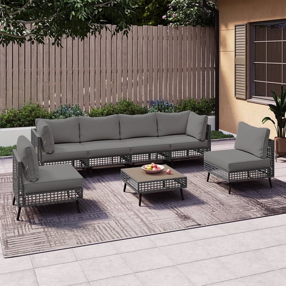 LAUSAINT HOME 7 Piece Wicker Sectional Outdoor Conversation Sets, Patio Furniture with Gray Cushions
