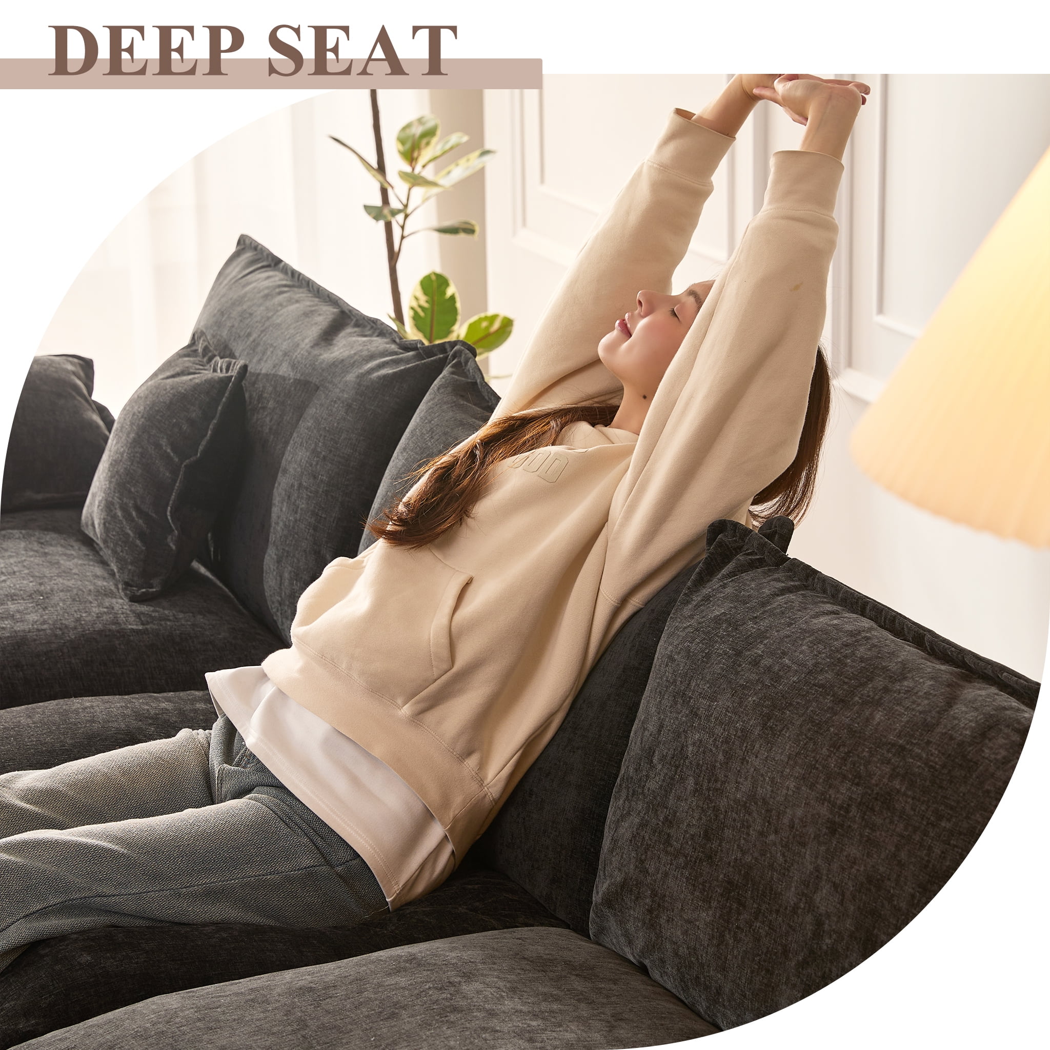 LAKPS 3-Seat Sectional Sofa Couch, Cloud-Style Deep Seating Sleeper Sofa with Included Throw Pillows, Chenille Fabric Upholstery, Modern Living Room Sofa, Black