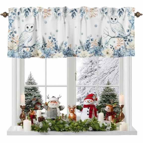 Christmas Owl Valances for Windows, 42 x 18in, Blue Eucalyptus Leaves Floral Winter Rod Pocket Kitchen Valance Curtain Light Filtering Window Treatments for Living Room Bedroom, 1 Panel