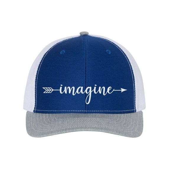 Imagine Hat, Imagine Arrow, Trucker Hat, Trendy Hats, Headwear, 10 Different Colors, Adjustable Snapback, Caps, Imagine Apparel, White Text, Royal/White/Heather