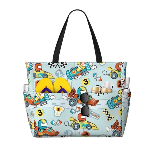 Goofa Cartoon Car Racing Print Beach Bags Waterproof Beach Tote Bag Zipper Sandproof Swim Pool Bag Large Tote Beach Vacation Travel