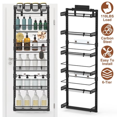 Moclever Over the Door Pantry Organizer 6-Tier Carbon Steel Pantry Door Organizer 110lbs Loading 50.19 H 17.12 W 5.51 D Black