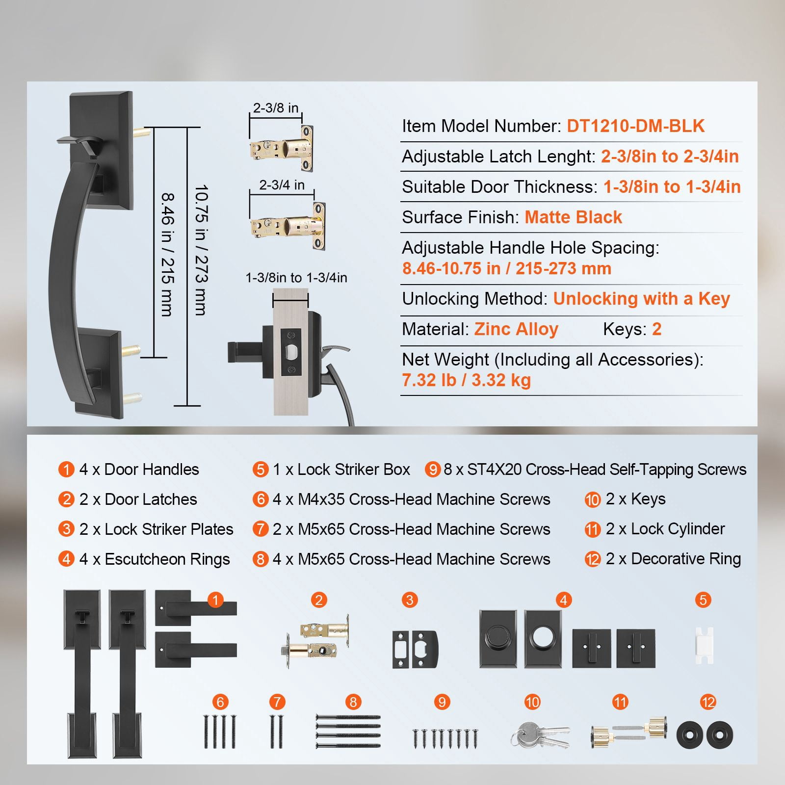 Adjustable Double Door Handle Set with Arched Design, Zinc Alloy Die-Cast, Reversible, 1-3/8 to 1-3/4" Door Thickness