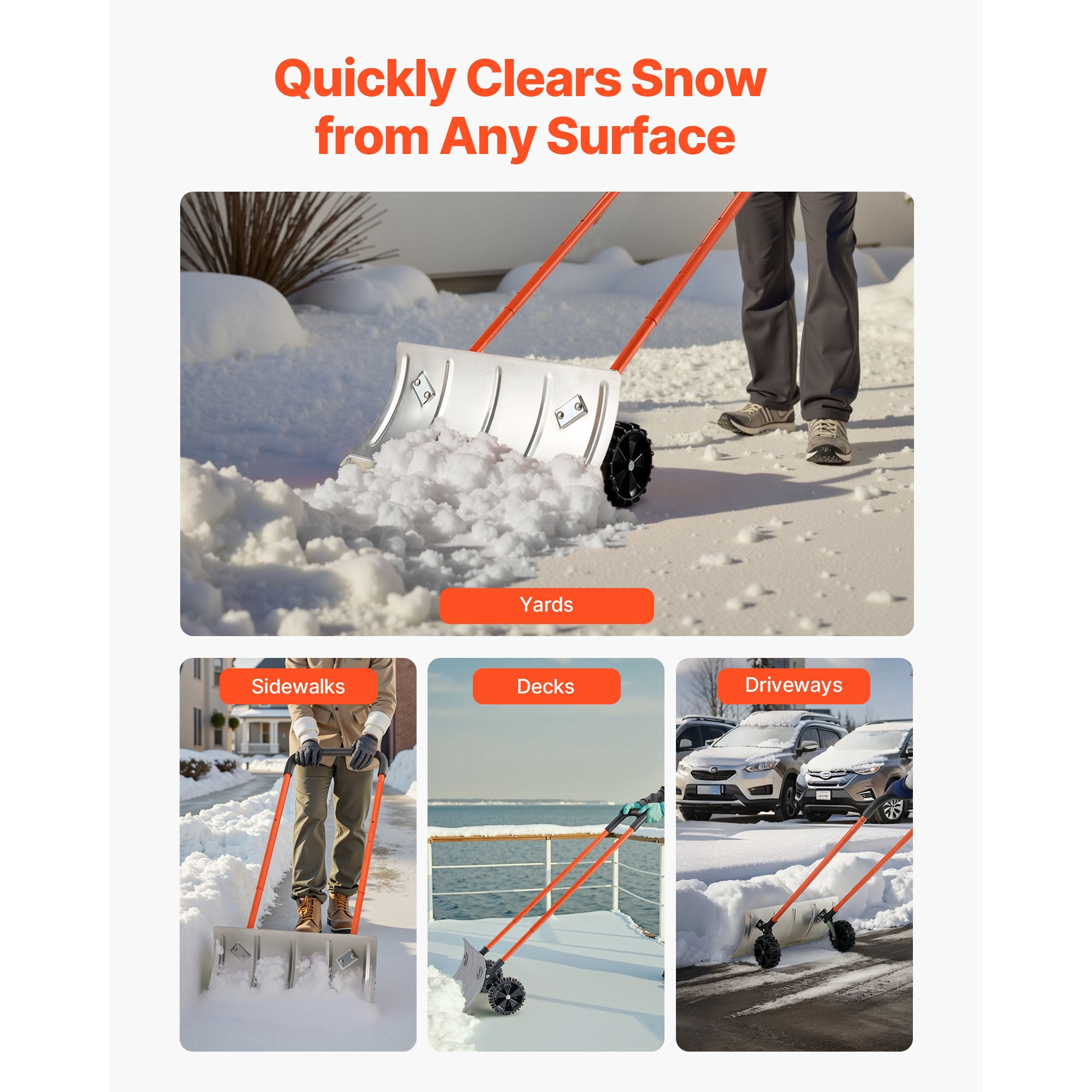 KFFKFF 24-Inch Snow Pusher Shovel with Wheels, Adjustable Handle and Angled Blade, Durable Metal Snow Removal Tool for Driveways and Gardens