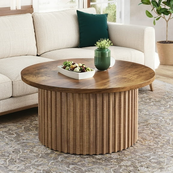 31.5" Round Coffee Table, Farmhouse Style Center Table with Metal Base, Sofa Side Table for Living Room, Modern Minimalist Wood Furniture