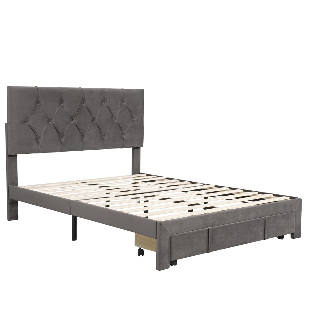 Full Size Upholstered Bed Frame, Platform Bed Frame with Storage Drawers, Full Size Bed Include Velvet Headboard Wingback and Strong Wood Slats Support, No Box Spring Needed, Gray