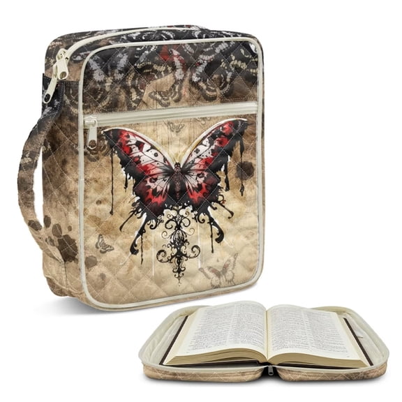 chaqlin Red Butterfly Bible Covers for Women Quilted Bible Case Book Carrying Case with Handle and Zipper Pocket Bible Pen Organizers Church Bags