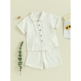 thumbnail image 3 of Bslissey Toddler Baby Boys Cotton Linen 2Pcs Outfits Infant Solid Color Short Sleeve Button Shirt Tops + Elastic Waist Shorts 6M 12M 18M 24M 3T 4T Kids Casual Clothes, 3 of 9