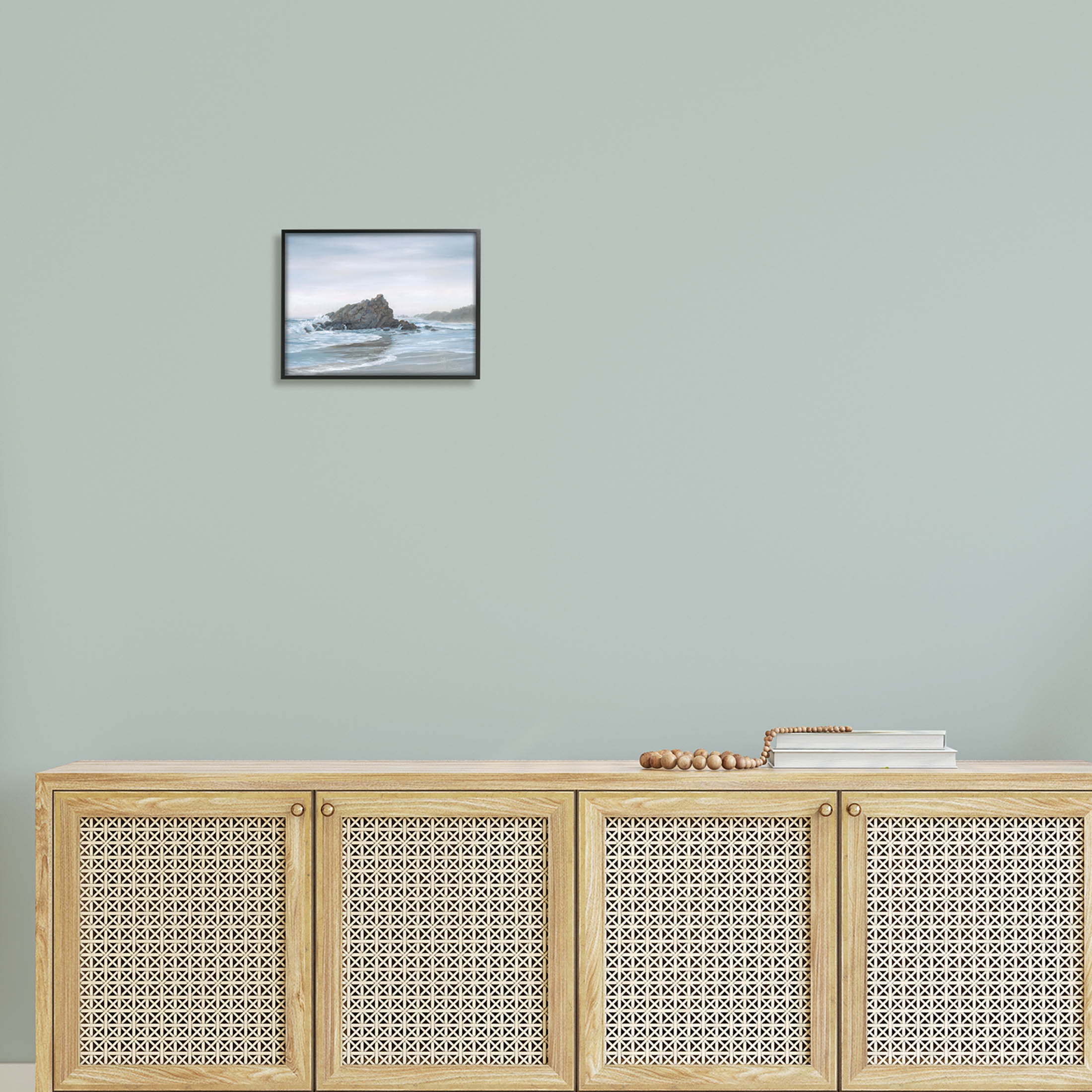 Crashing Waves Rocky Beach Coastal Painting Black Framed Art Print Wall Art