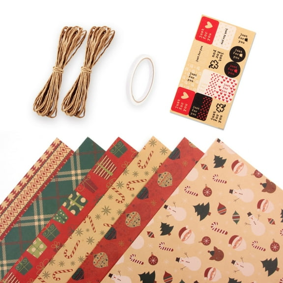 Christmas Wrapping Paper Set, Kvago 6 Sheets of Christmas Gift Wrapping Paper, 70 x 100cm Kraft Wrapping Paper Sheets with Tapes Stickers for Christmas Holiday, DIY Decoration (27.56 x 39.37 in Each)