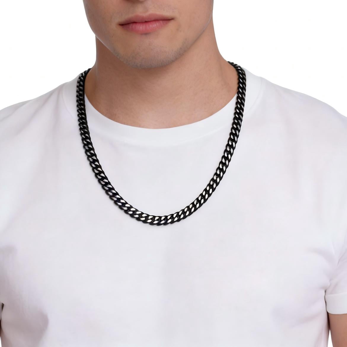 Iron Saints Men Two Tone Black Cuba Link Necklace, Stainless Steel, Bold Men Chain Necklaces