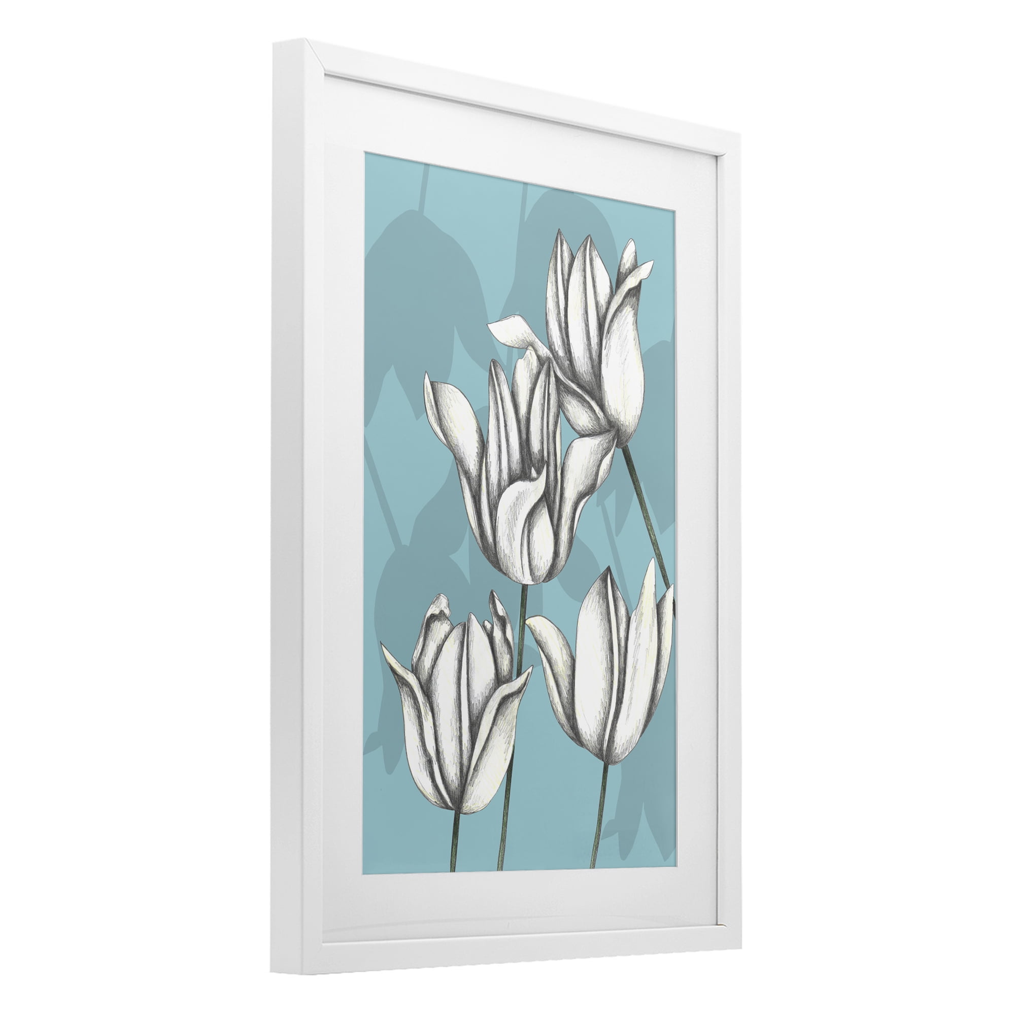 Sketched Tulips Keep Growing White Framed Print Under Glass, design by Cecilia Battaini