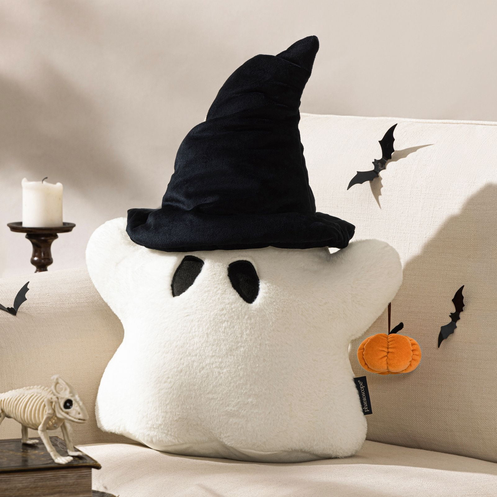Phantoscope Halloween Ghost Shaped Throw Pillow, 3D Pumpkin Design, Soft Faux Rabbit Fur Decorative Pillow, Spooky Cushion for Couch and Sofa, White, 20 x 16 in