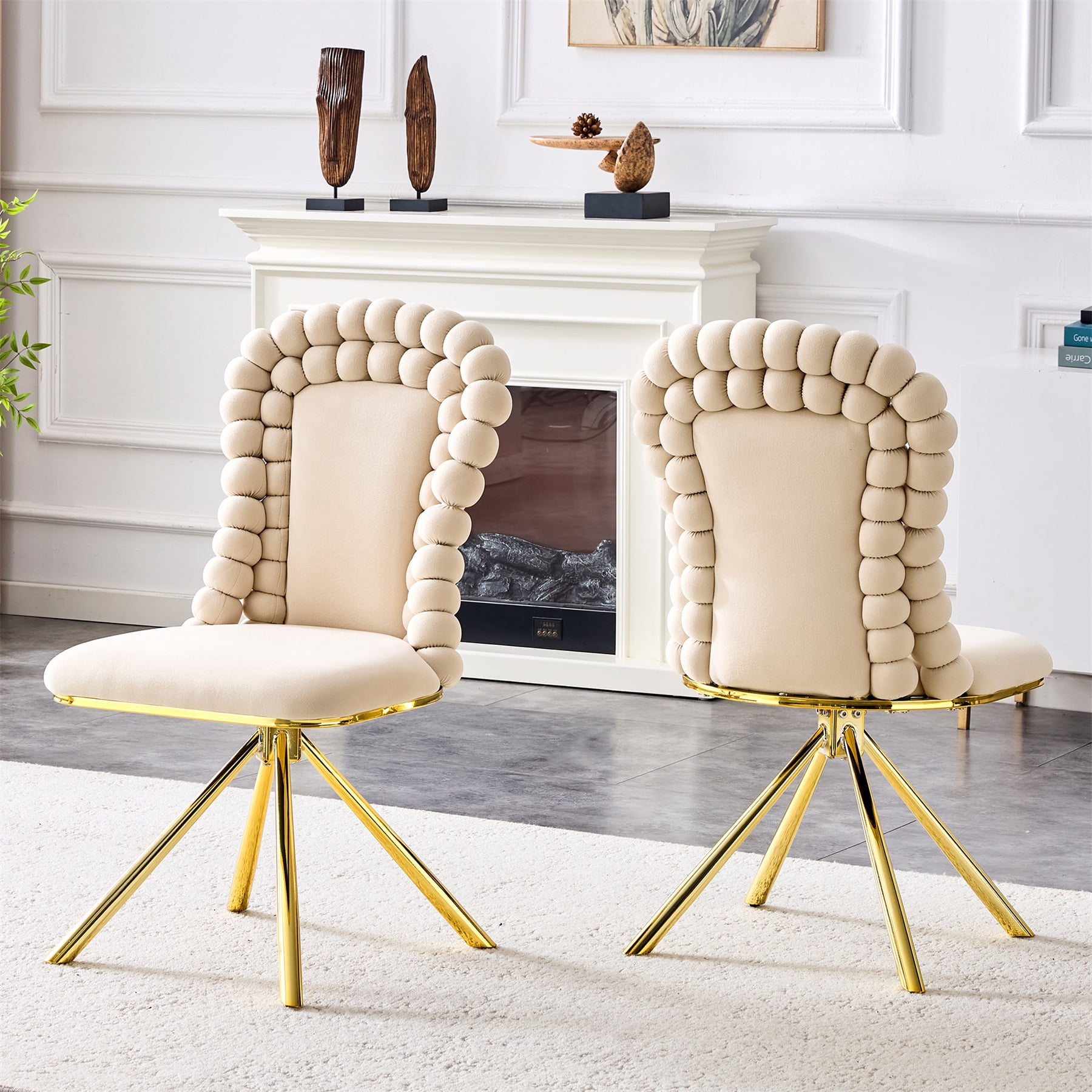 Alvantor Dining Chairs Set of 2, Modern Velvet Bubble Chairs with Metal Legs, Upholstered Accent Chairs for Dining Room & Kitchen Beige