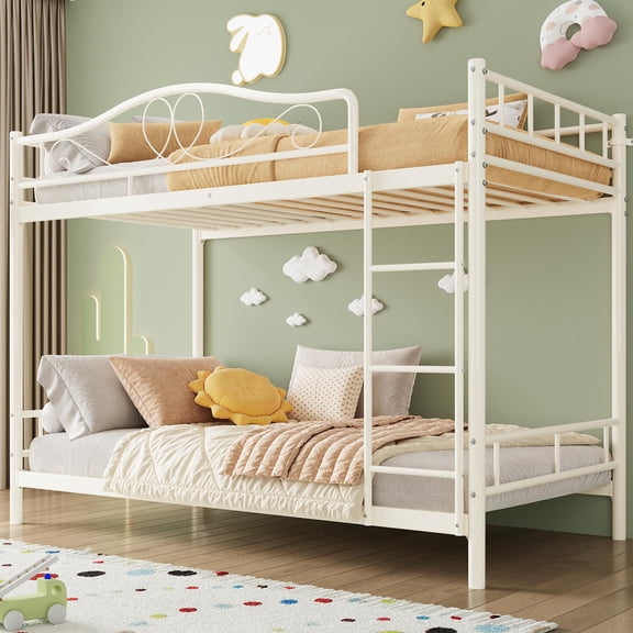 Heavy Duty 400lbs Capacity Twin Over Twin Metal Bunk Bed – Space-Saving, Noise-Free Design with Ladder & Full Safety Guardrail, No Box Spring Required, Easy Assembly, Light Beige