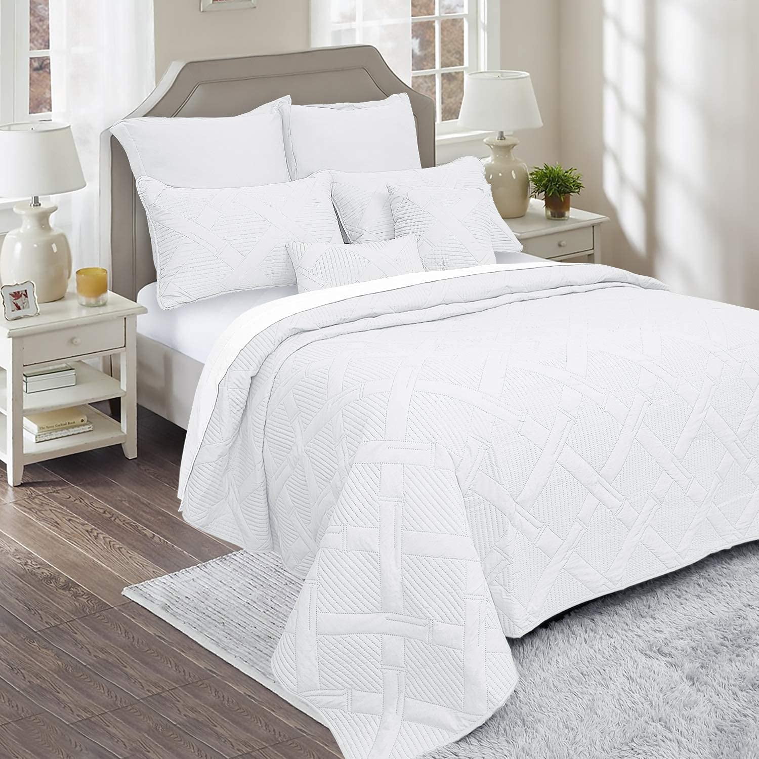 Marquess 7 Piece King Size Bedspread White Color Quilt Set Microfiber ...