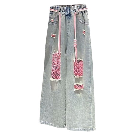 KVPLBQFD Girls Baggy Jeans Pink Patchwork Distressed Ripped Denim Pants for Kids Elastic Waist Streetwear Denim Jean with Pockets Teens Girls Clothes