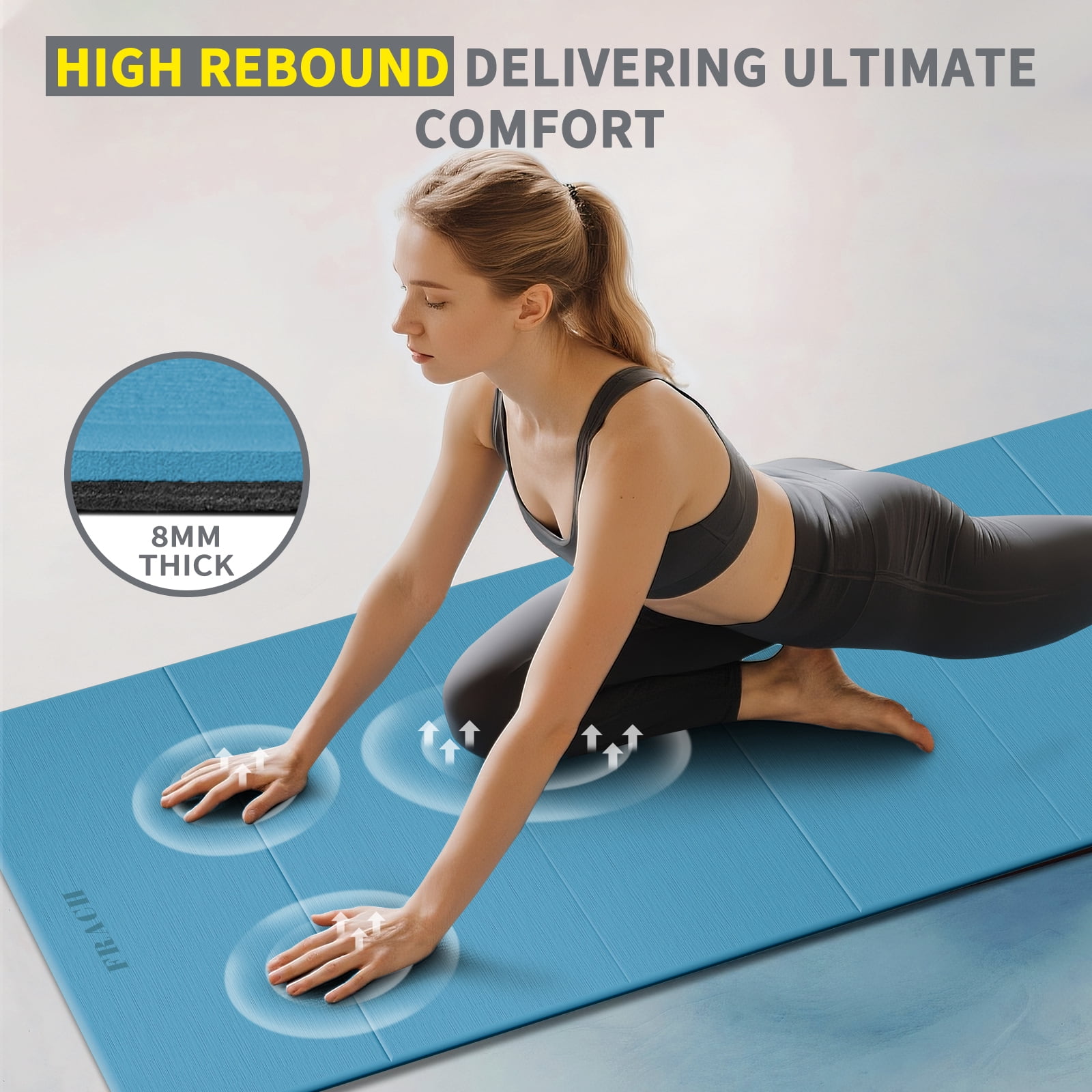 Frach Wide Foldable Yoga Mat - Extra Large 75"x32" Quick-Fold & Versatile Use Non-Slip TPE for Workout & Home Gym (Blue+Black)