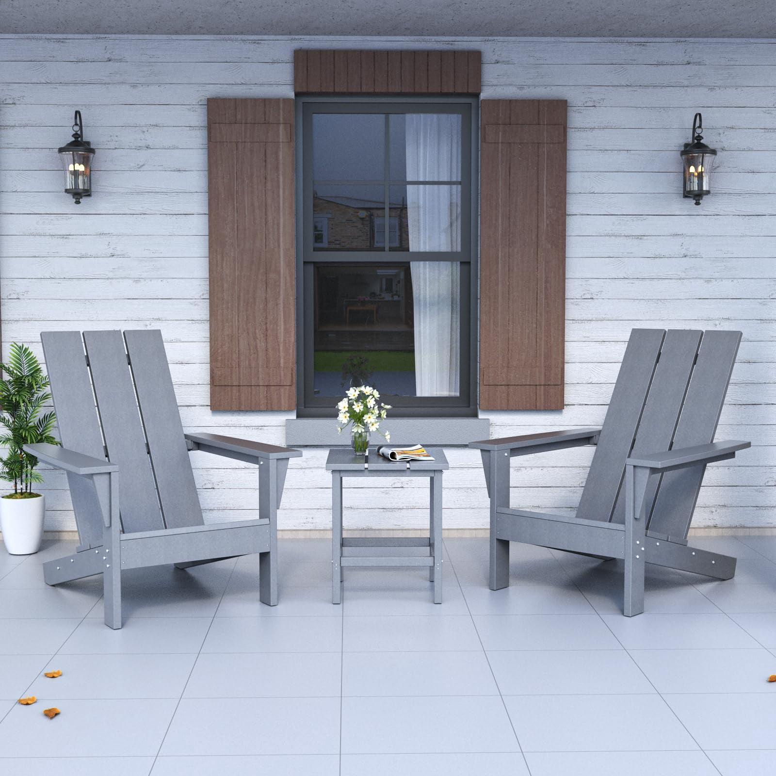 Kullavik Adirondack Chair 3 Piece Set With Table, Heavy All-Weather HDPE.Outdoor Lounge Chair for Patio Deck Garden, Backyard Deck& Lawn Furniture - Looks Exactly Like Real Wood-Gray
