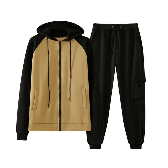 HOMADLES Men Sweatpants Tracksuit Set 2 Pcs Full Zipper Color Block Hood Jacket and Baggy Sweatpants Drawstring Casual Jogger Outfits Khaki M