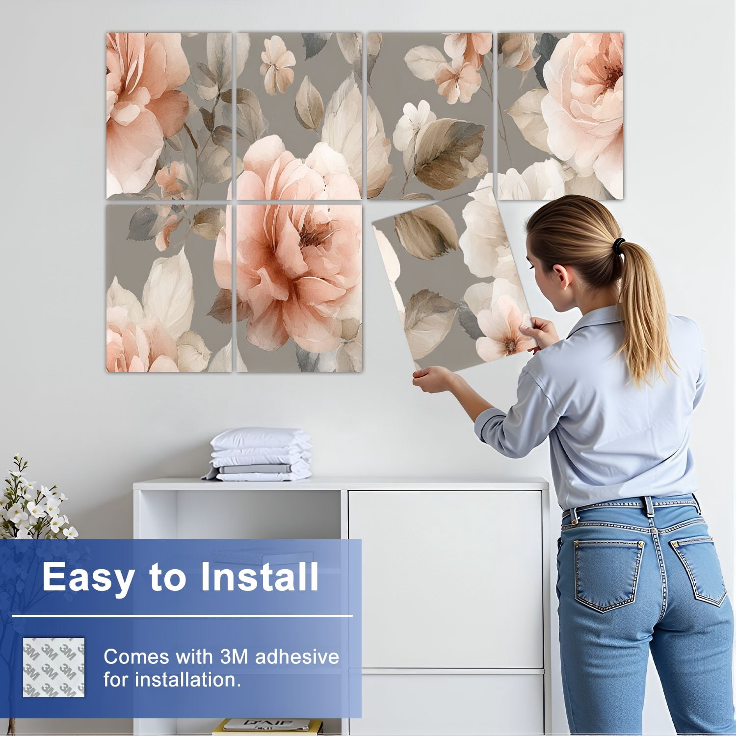 8 Pack Art Acoustic Panels Sound Absorbing Soft Peach Floral Light Beige Roses Leaves Decorative Soundproof Wall Panels Self Adhesive for Nursery Game Room Bedroom 48"x32"