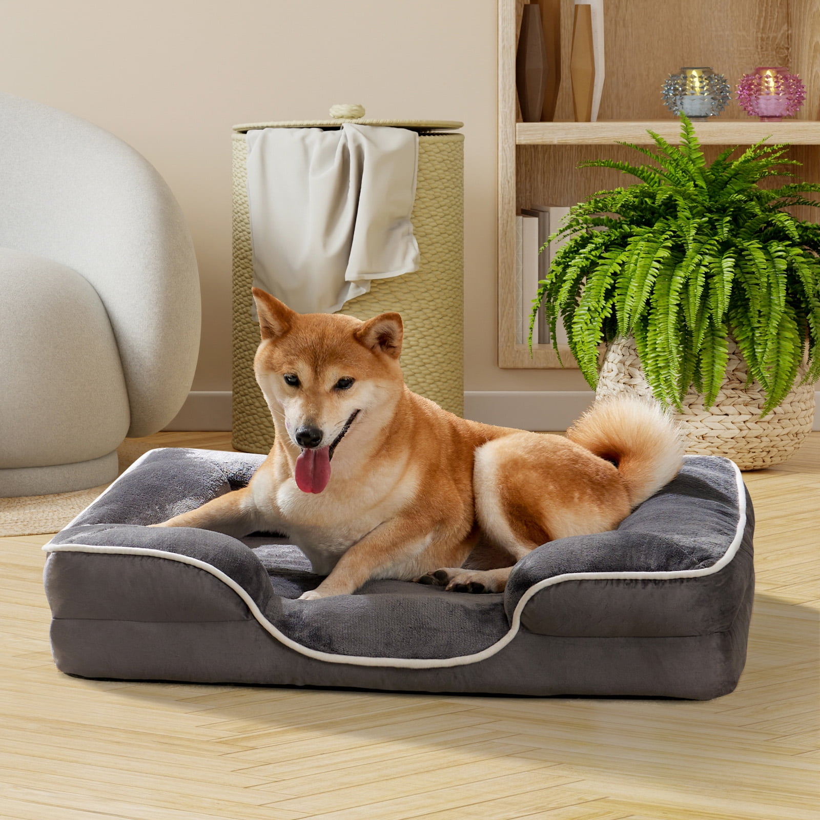 GIANNA 24"x18" Orthopedic Dog Bed, Memory Foam Puppy Sleeping Sofa, With Non-Slip Base, Washable Removable Cover, Improved Sleep For Pet, Gray