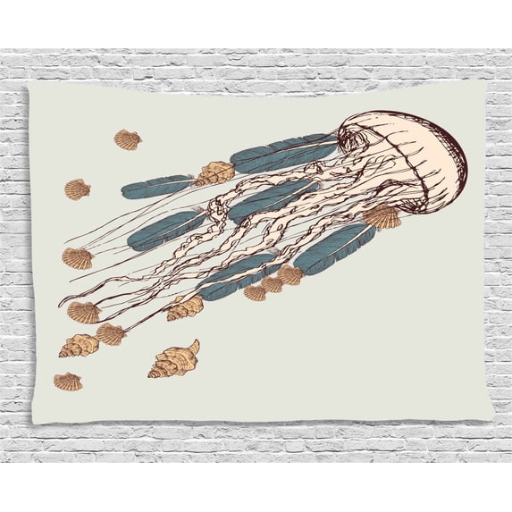 Jellyfish Tapestry, Boho Feather Tentacles Shells Vintage Art Print Under the Sea Tribal Fish, Wall Hanging for Bedroom Living Room Dorm Decor, 80W X 60L Inches, Gray Beige Brown, by Ambesonne