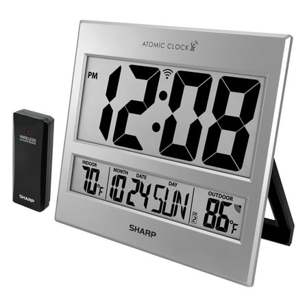 Sharp Atomic Clock - Jumbo 3" Easy to Read Numbers - Never Needs Setting! - Indoor/ Outdoor Temperature Display with Wireless Outdoor Sensor - Silver
