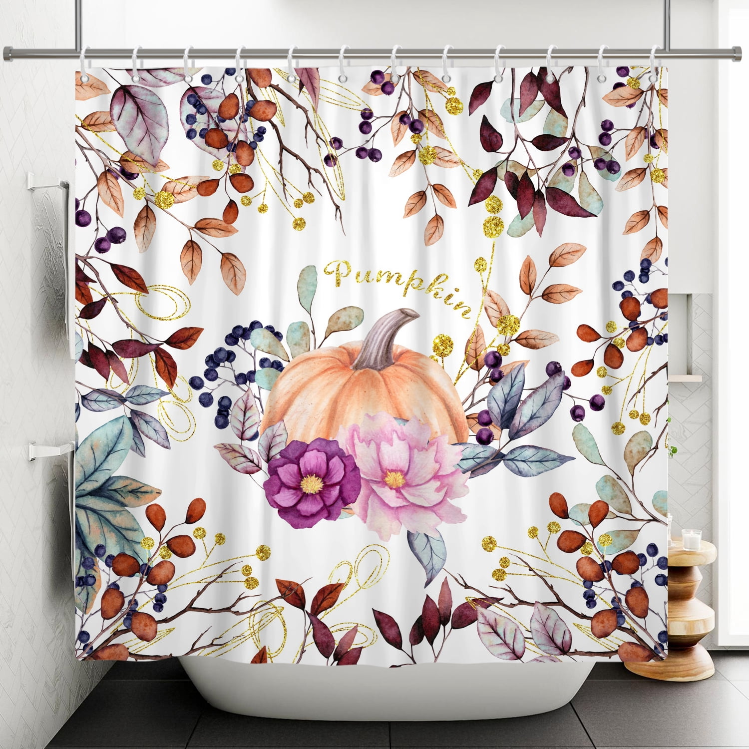 SUNOLIFE Fall Pumpkins Shower Curtain Brown Plants Leaves Waterproof Fabric Bathroom Curtain 72x78 in