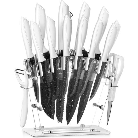 Knife Set, 16 PCS High Carbon Stainless Steel Kitchen Knife Set, Non-stick Coated Blade, No Rust, Sharp Cutlery White Knife Set with Acrylic Stand and Serrated Steak Knives