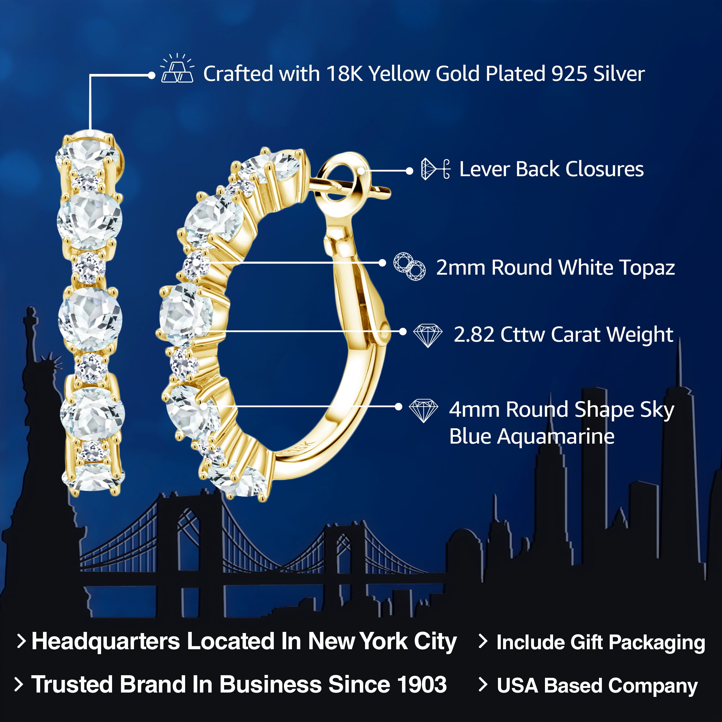 Gem Stone King 18K Yellow Gold Plated Silver Sky Blue Aquamarine and White Topaz Hoop Earrings for Women (2.82 Cttw, Round 4MM and 1.9MM, Gemstone Birthstone 1 inch Diameter)