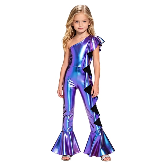 SiiRoh Girls 70s Disco Jumpsuit Shiny Metallic Ruffled Dance Outfits Sequins Bell Bottom Pants Dancewear Blue 16
