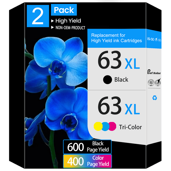 Prof Kolor 63XL 63 Ink Cartridges | Work for HP Ink 63 Black and Tri-Color 2-Pack | Black Color Combo Pack